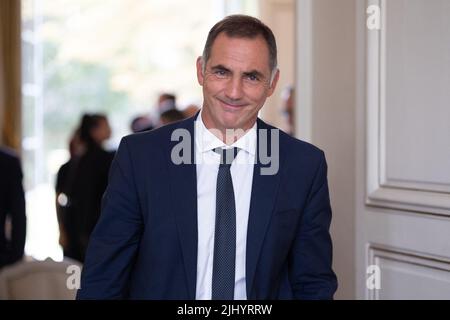 Paris, France. 21st July, 2022. President of the Corsica region Gilles Simeoni leaves after the strategic committee on the future of the French Mediterranean island of Corsica in Paris on July 21, 2022. Photo by Raphael Lafargue/ABACAPRESS.COM Credit: Abaca Press/Alamy Live News Stock Photo