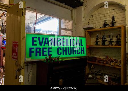 An illuminated Evangelical Free Church sign Stock Photo