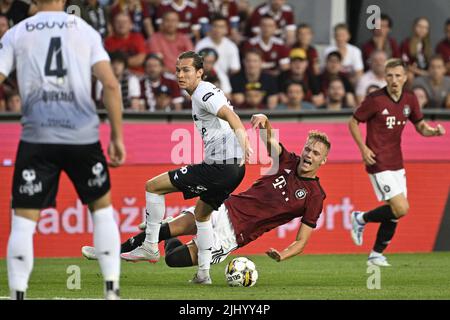 Prague, Czech Republic. 3rd May, 2023. OSCAR DORLEY of Slavia Praha fights  for the ball with Sparta's ADAM KARABEC (L) during Czech Cup of 2022-2023  at May 03, 2023, in Prague as