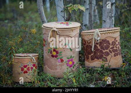 Traditional Indigenous Dene handmade Birch bark baskets with porcupine quillwork, made in Fort Liard, Northwest Territories, Canada. Stock Photo