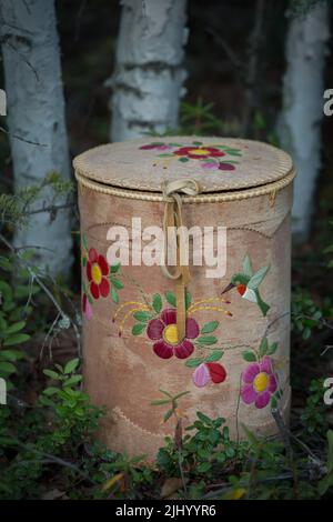 Traditional Indigenous Dene handmade birch bark basket with porcupine quillwork, made in Fort Liard, Northwest Territories, Canada. Stock Photo