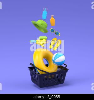 Colorful beach accessories and shopping basket on blue background. 3D render of summer vacation concept and holidays Stock Photo