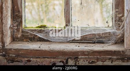 Abandoned, dirty and dusty window covered in spiderwebs in empty house from poverty and economic crisis. Old, damaged and weathered wooden windowsill Stock Photo