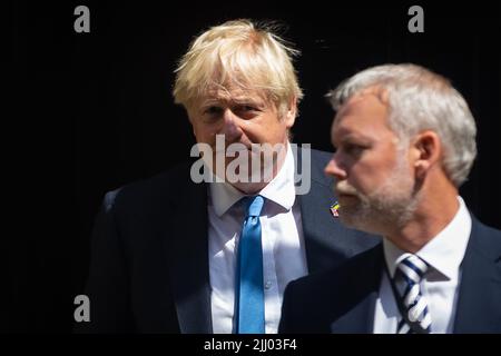 Outgoing Prime Minister Boris Johnson leaves Downing Street for Parliament to attend Prime Minister’s Questions in London. This will be his last time taking the session before a new Conservative leader is chosen on 5th September and a new prime minister installed the following day. Stock Photo