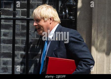 Outgoing Prime Minister Boris Johnson leaves Downing Street for Parliament to attend Prime Minister’s Questions in London. This will be his last time taking the session before a new Conservative leader is chosen on 5th September and a new prime minister installed the following day. Stock Photo