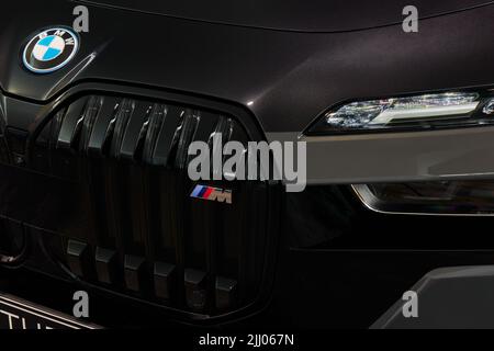 BMW 7 Series grille and headlights. Decorative Swarovski crystals are used in the headlamp. Two-color body. Poland, Katowice, 14.05.2022 Stock Photo