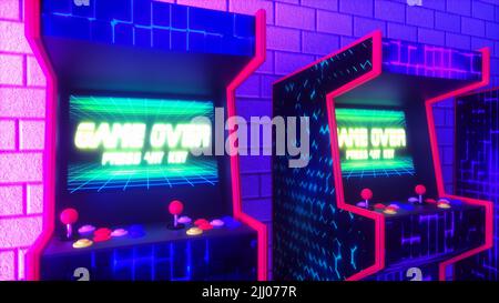 arcade slot machines in a game hall (3d rendering) Stock Photo