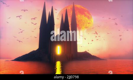 a mysterious castle somewhere in the sea(3d rendering,this image elements furnished by NASA) Stock Photo