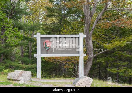 An entrance sign to Acadia National Park, Maine, USA Stock Photo