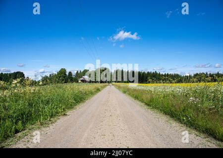 Rural dirt or gravel road between fields in Finnish countryside. Orivesi, Finland. Stock Photo