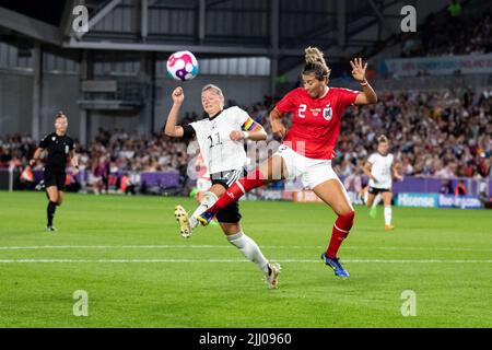 London, UK. 21st July, 2022. London, England, July 21st 2022: Alexandra Popp (11 Germany) and Marina Georgieva (2 Austria) in action during the UEFA Womens Euro 2022 quarter final football match between Germany and Austria at the Brentford Community Stadium in London, England. (Liam Asman /Womens Football Magazine /SPP) Credit: SPP Sport Press Photo. /Alamy Live News Stock Photo