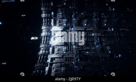 Space futuristic base with ships traffic. Futuristic concept. 3d rendering. Stock Photo