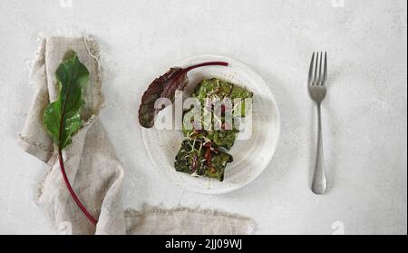 rolls with beet leaves served on the plate with a fork. A Vegetarian Cooking, top view, copy space Stock Photo