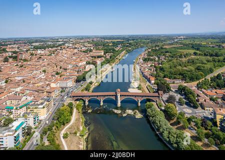 Aerial view of Pavia and the Ticino River, View of the Cathedral of Pavia, Covered Bridge. Lombardia, Italy Stock Photo