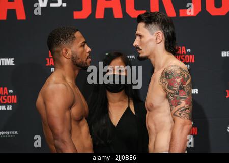 Bryan Nuro faces off against Archie Colgan at the ceremonial weigh-ins for Bellator 283  at the Emerald Queen Casino in Fife, Washington Thursday July Stock Photo
