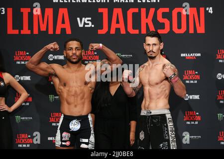 Bryan Nuro faces off against Archie Colgan at the ceremonial weigh-ins for Bellator 283  at the Emerald Queen Casino in Fife, Washington Thursday July Stock Photo