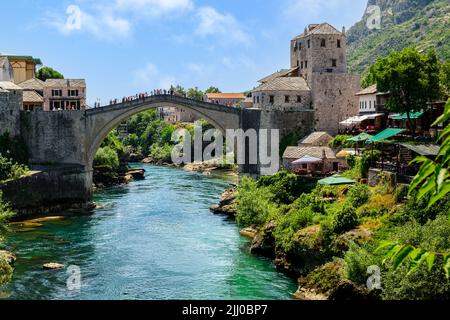 Variably cloudy day in  Bosnia and Herzegovina at the famed Mostar Bridge Stock Photo