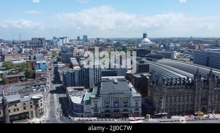 An aerial shot of Liverpool downtown showing the Empire theatre and Liverpool Metropolitan Cathedral in the background. Stock Photo