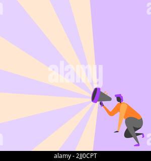 A cartoon person character making an announcement with a megaphone on a colorful background Stock Photo