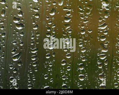 random pattern of raindrops on window pane separated by trickle lines at regular intervals with muted green brown background in Cumbria, England, UK Stock Photo