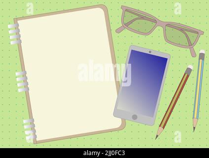 A flat lay with a notebook, Mobile Phone, eyeglasses and Pencils on a green table Stock Photo