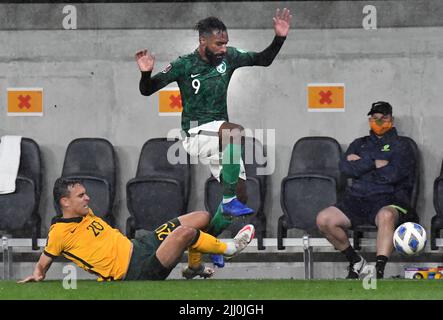 Australia and Saudi Arabia played out their World. Cup Qualifying game with a 0-0 draw in wet conditions. Featuring: Feras Albrikan Trent Sainsbury Where: Sydney, Australia When: 11 Nov 2021 Credit: WENN Stock Photo