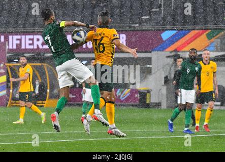 Australia and Saudi Arabia played out their World. Cup Qualifying game with a 0-0 draw in wet conditions. Featuring: Salman Alfaraj, Aziz Behich Where: Sydney, Australia When: 11 Nov 2021 Credit: WENN Stock Photo