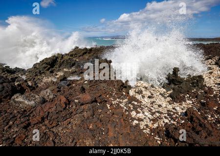 Crashing surf and a blowhole at La Perouse Bay on South Maui. Record breaking waves up to 24 feet hit the south shore of the Hawaiian islands on July. Stock Photo