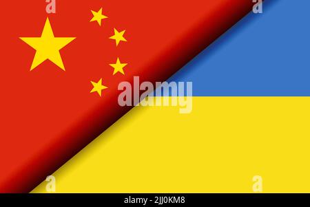Flags of China and Ukraine divided diagonally. 3D rendering Stock Photo