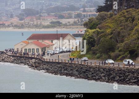 View of the Warming Hut park store from Fort Point masonry, San Francisco, California, USA Stock Photo