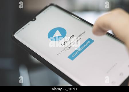 Barnaul. Russia. February 9, 2021: Telegram application icon on screen close-up. Telegram app icon. Telegram is an online social media network. Social Stock Photo