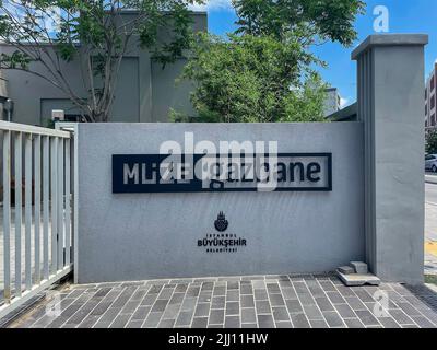 The entrance of Gazhane Museum (Muze Gazhane). The historical gas house into a Culture and Art Center. Gasworks Museum, Hasanpasa, Istanbul, Turkey. Stock Photo