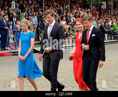 (L-R) Belgium's Princess Eleonore, Prince Gabriel, Princess Elisabeth, the Duchess of Brabant and Prince Emmanuel attend a parade marking the Belgian National Day, in Brussels, Belgium, July 21, 2022. Photo by Olivier Polet Stock Photo