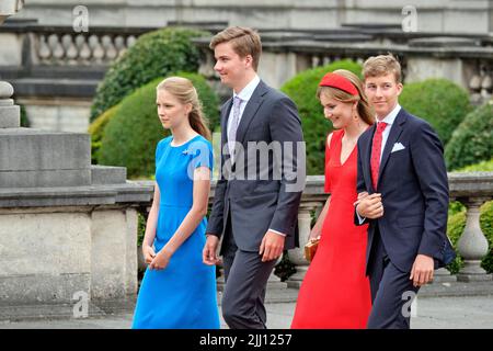 (L-R) Belgium's Princess Eleonore, Prince Gabriel, Princess Elisabeth, the Duchess of Brabant and Prince Emmanuel attend a parade marking the Belgian National Day, in Brussels, Belgium, July 21, 2022. Photo by Olivier Polet Stock Photo