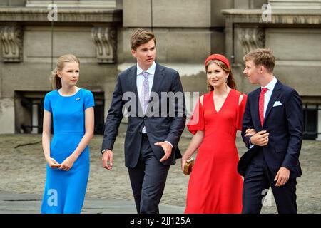 (L-R) Belgium's Princess Eleonore, Prince Gabriel, Princess Elisabeth, the Duchess of Brabant and Prince Emmanuel attend a parade marking the Belgian National Day, in Brussels, Belgium, July 21, 2022. Photo by Olivier Polet Stock Photo