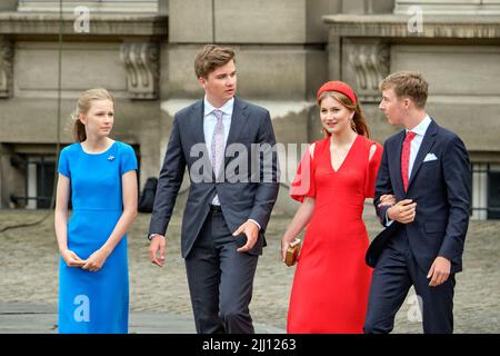 (L-R) Belgium's Princess Eleonore, Prince Gabriel, Princess Elisabeth, the Duchess of Brabant and Prince Emmanuel attend a parade marking the Belgian National Day, in Brussels, Belgium, July 21, 2022. Photo by Olivier Polet Stock Photo