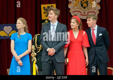 (L-R) Belgium's Princess Eleonore, Prince Gabriel, Princess Elisabeth, the Duchess of Brabant and Prince Emmanuel attend a parade marking the Belgian National Day, in Brussels, Belgium, July 21, 2022. Photo by Olivier Polet Stock Photo