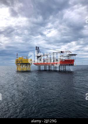 Wind Orca, with bridge link to Seagreen offshore sub station. Renewables wind farm. Stock Photo