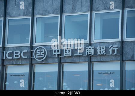 Hamburg, Germany  23 June 2022,   The brand logo of the 'Industrial and Commercial Bank of China' in front of a branch in Hamburg Stock Photo