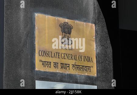 Sign, featuring India's national emblem, outside the Consulate General of India offices, located on St Kilda Rd in Melbourne Stock Photo