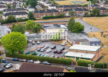 Aerial image of Dovecote Primary School in Clifton captured from the roof of Southchurch Court, Nottinghamshire England UK Stock Photo