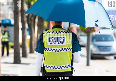 SEOUL - SEPT 25: Policeman of National Police Agency in the street of Seoul on September 25. 2016 in South Korea Stock Photo
