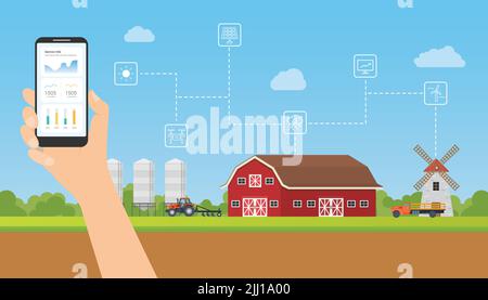 smart farming data monitoring analyze via mobile smartphone technology with modern flat style Stock Photo