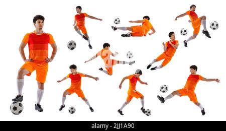 Sport movements. Set, collage made of shots of male professional soccer player with ball in motion, action isolated on white background. Man in orange Stock Photo