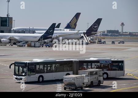 22 July 2022, Hessen, Frankfurt/Main: Passenger planes stand on the apron of Frankfurt Airport and an airport bus drives by. In view of the start of the vacations in several German states, airport operator Fraport is expecting a record rush. Around 200,000 passengers per day are expected over the weekend of July 22-24, 2022. Photo: Boris Roessler/dpa Stock Photo