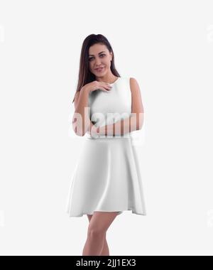 Mockup of a white dress of medium length on a beautiful woman in shoes for design front view. Template of fashion clothes tight sundress with plea Stock Photo Alamy