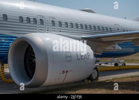 Farnborough International Airshow, 18 July 2022, Hampshire, England, UK. LEAP-1B turbofan engine pod of the new Boeing 737 MAX 10 at the Trade Airshow. Stock Photo