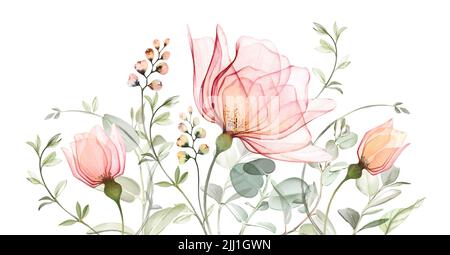 watercolor pink peach roses with leaves and butterfly. Border, banner ...