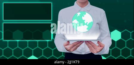 Businesswoman Holding Tablet Showing Digitally Generated Globe By Blank Displays. Woman With Pad Presenting Crucial Information And Marketing Stock Photo