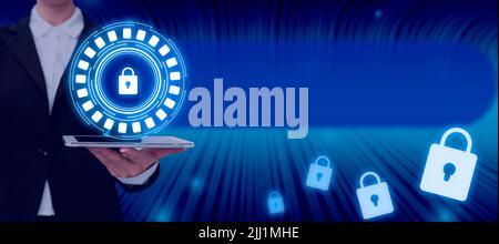 Businesswoman With A Tablet Displaying Lock For Data Privacy And Messages In An Abstract Design. Woman With A Touch Screen Device Containing Secured Stock Photo